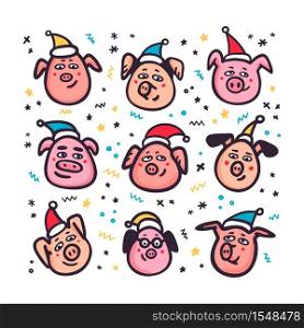 Santa Pigs. Funny pigs with santa hats. 2019 Chinese New Year symbol. Doodle style characters for greeting cards, print, icon, sticker. Vector illustration. Santa Pigs. Funny pigs with santa hats. 2019 Chinese New Year symbol. Doodle style characters for greeting cards, print, icon, sticker. Vector illustration.