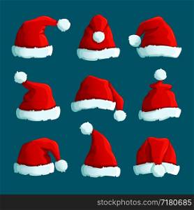 Santa red hats. Christmas funny caps. Santa clothes warm hat. Isolated vector set. Hat fluffy of collection santa claus accessory illustration. Santa red hats. Christmas funny caps. Santa clothes warm hat. Isolated vector set