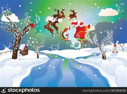 Santa Riding Christmas Sleigh at Night. Cartoon Santa Claus riding his sleigh at the Christmas night.