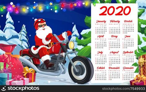 Santa riding motorcycle vector design of New Year calendar template. Santa Claus biker delivering Xmas gifts and presents on motorbike, Christmas tree and red bag with ribbons, bows and lights. New Year calendar of Santa, Xmas gifts, motorcycle