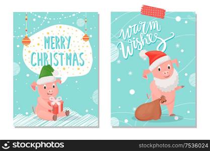 Santa&rsquo;s warm wishes and merry Christmas greeting postcard. Pig with white beard and red hat with brown bag. Sitting piggy in green cap with gift box vector. Piggy Warm Wishes and Merry Christmas Card Vector