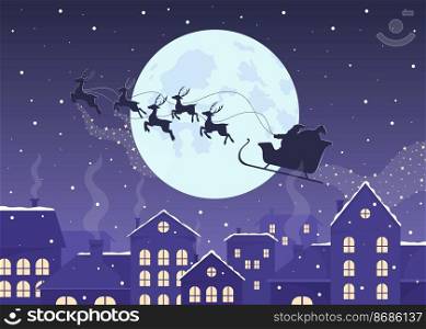 Santa sled silhouette above night cityscape flat color vector illustration. Xmas holiday. Winter season. Fully editable 2D simple cartoon characters with festive Christmas atmosphere on background. Santa sled silhouette above night cityscape flat color vector illustration