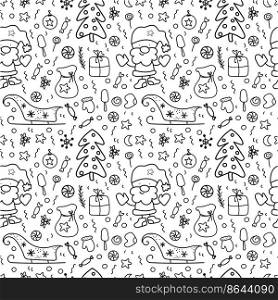 Santa, sleigh, Christmas gifts, New Year's baubles. Seamless pattern of a winter elements. Winter vector illustration. New Year Merry Christmas.Hand drawn doodle style.