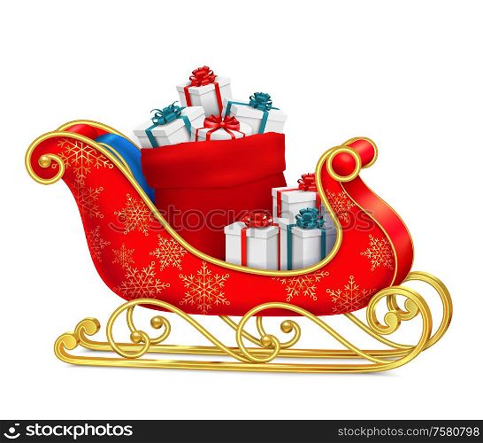 Santa sleigh with gifts composition with realistic images of present boxes on red sled with ornaments vector illustration