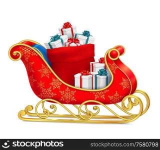 Santa sleigh with gifts composition with realistic images of present boxes on red sled with ornaments vector illustration