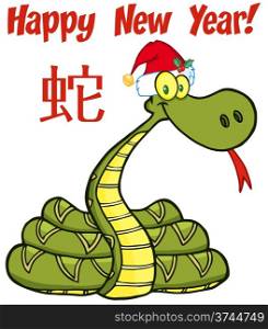 Santa Snake Cartoon Character With Text And Chinese Symbol