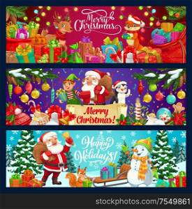 Santa, snowman, reindeer and elf with Christmas tree and gift vector banners. Claus with Xmas bell, bag of presents and candies, snow sledge, balls and ribbon bows, gingerbread cookies and snowflakes. Santa, snowman, elf with gifts. Christmas banners