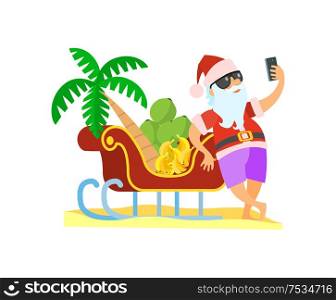 Santa standing near sleigh with palmtree and bananas and shooting yhimself in glasses and red hat. Christmas vector image in flat style isolated on white. Santa Claus Standing near Sleigh Christmas Vector