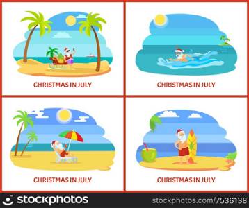 Santa standing on sand with surf, shooting near sleigh and laying on chaise-lounge with parasol. Swimming in hat and water glasses. Xmas in July vector. Four Colorful Images Xmas in July on Plage Vector