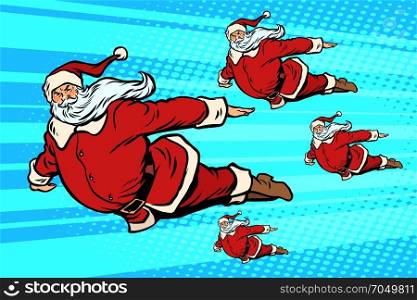 Santa team is flying in the sky. Comic book cartoon pop art retro vector illustration drawing. Santa team is flying in the sky