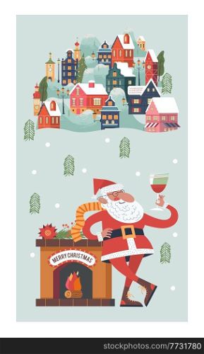 Santa toasting a wine glasses. Snow falls quietly. A small cozy snow covered town. New year and Christmas. Vector christmas card.. Santa toasting a wine glasses. Vector christmas card.