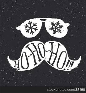 Santa vintage sunglasses and moustache. With snowflake reflection. On textured grunge white background. Ho-ho-ho! lettering. Vector illustration. Christmas fun concept.