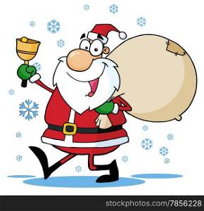 Santa Waving A Bell And Walking With His Toy Sack