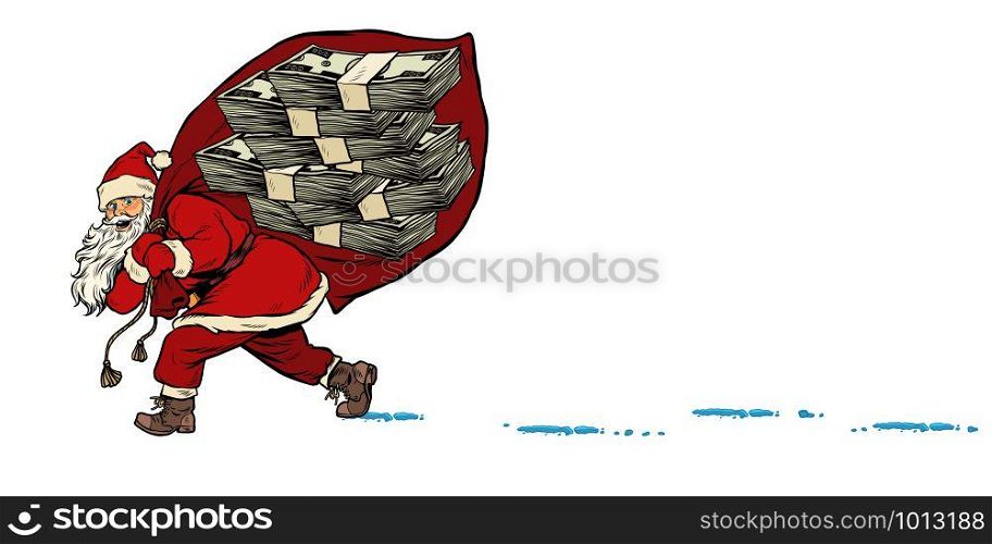 Santa with a bag of dollars money prize. Christmas and New year. Pop art retro vector illustration kitsch vintage drawing. Santa with a dollars money prize. Christmas and New year