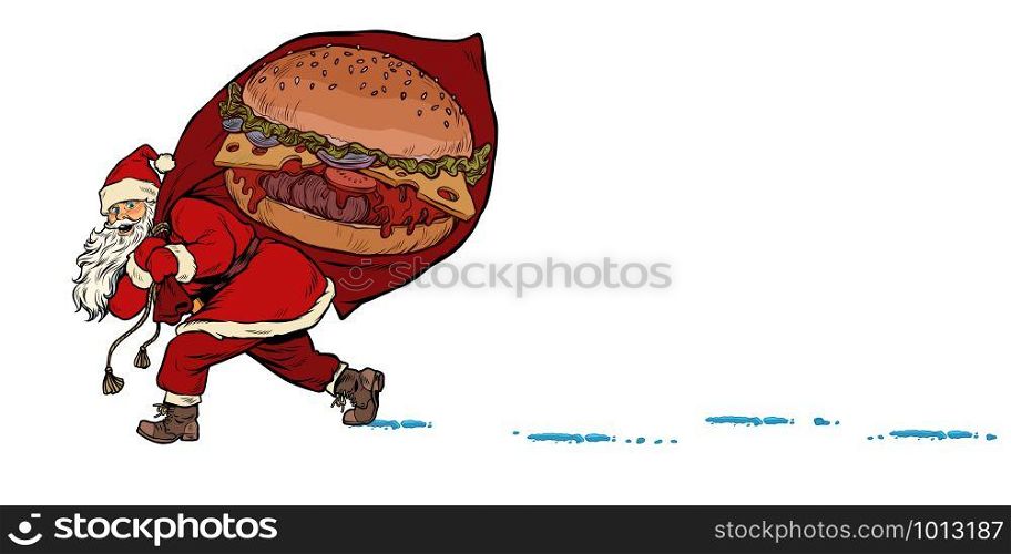 Santa with a Burger fast food. Christmas and New year. Pop art retro vector illustration kitsch vintage drawing. Santa with a Burger fast food. Christmas and New year