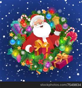 Santa with Christmas bell and gift in frame of Xmas wreath vector design. Pine and holly berry tree branches, New Year present boxes, ribbon bows and snow, stars, balls and snowflakes, candies, lights. Santa with Xmas bell, gift box, Christmas wreath