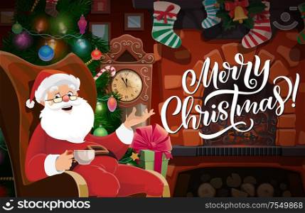 Santa with Christmas fireplace vector greeting card. Xmas tree, gift and mantelpiece, decorated with winter holiday bell, stocking sock and candy cane, balls, lights, ribbon bows and midnight clock. Santa with Christmas tree, gifts and fireplace