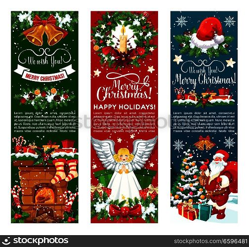 Santa with Christmas gift and bell greeting banner. Xmas tree wreath and holly berry garland with snowflake, present box and ribbon bow, candle, candy, red hat and sock for New Year holiday design. Santa with Christmas gift and bell greeting banner