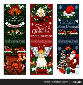 Santa with Christmas gift and bell greeting banner. Xmas tree wreath and holly berry garland with snowflake, present box and ribbon bow, candle, candy, red hat and sock for New Year holiday design. Santa with Christmas gift and bell greeting banner