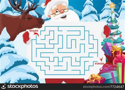 Santa with maze or labyrinth game vector template of children education. Christmas logic puzzle or riddle with square labyrint map, help reindeer find way to Xmas tree with gift boxes and lights. Santa Claus with maze or labyrinth game template