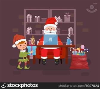 Santa Work space with Laptop checking emails. Merry Christmas Night Greeting Card Design. Christmas Elf Vector illustration in flat style. Santa Work space with Laptop