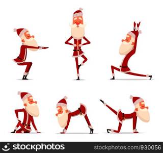 Santa yoga poses. Christmas winter holiday sport healthy character standing in various relax poses vector cute mascot isolated. Illustration of santa claus yoga. Santa yoga poses. Christmas winter holiday sport healthy character standing in various relax poses vector cute mascot isolated