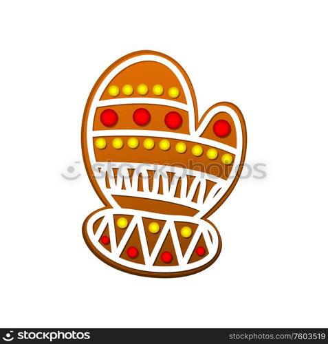 Santas mitten gingerbread cookie isolated sweet biscuit. Vector ornamental baked cake in shape of glove. Gingerbread mitten isolated Santas glove