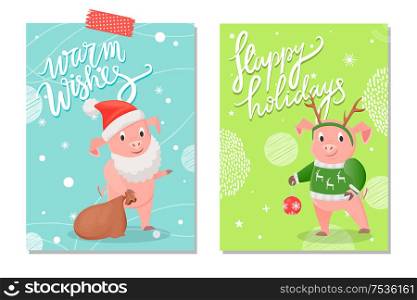 Santas warm wishes and happy holidays card. Pig with white beard and red hat with brown bag. Piggy in green sweater with decoration of deer on head vector. Santas Warm Wishes and Happy Holidays Pig Vector