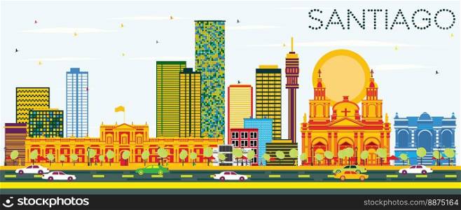 Santiago Chile Skyline with Color Buildings and Blue Sky. Vector Illustration. Business Travel and Tourism Concept with Modern Buildings. Image for Presentation Banner Placard and Web Site.