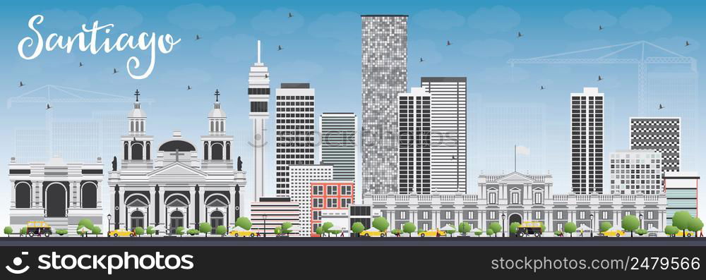 Santiago Chile Skyline with Gray Buildings and Blue Sky. Vector Illustration. Business Travel and Tourism Concept with Modern Buildings. Image for Presentation Banner Placard and Web Site.