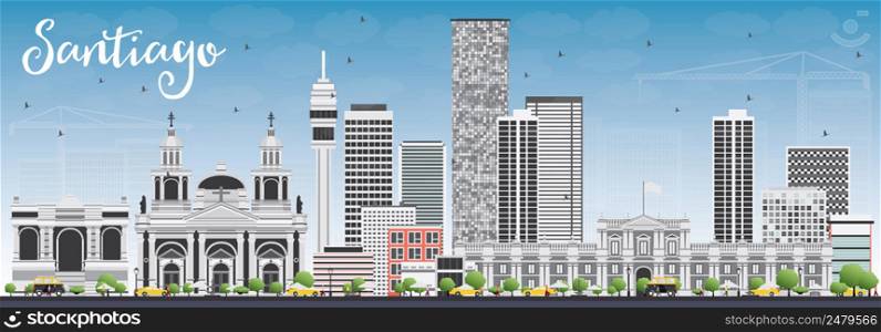 Santiago Chile Skyline with Gray Buildings and Blue Sky. Vector Illustration. Business Travel and Tourism Concept with Modern Buildings. Image for Presentation Banner Placard and Web Site.