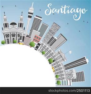 Santiago Chile Skyline with Gray Buildings, Blue Sky and Copy Space. Vector Illustration. Business Travel and Tourism Concept with Modern Buildings. Image for Presentation Banner Placard and Web Site.