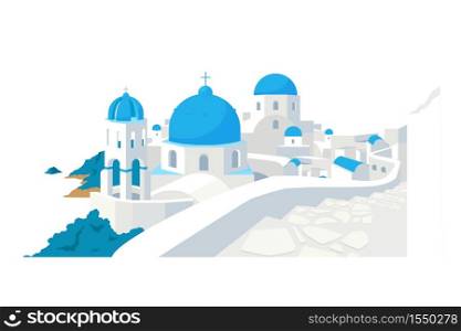 Santorini buildings flat color vector object. Traditional Greek white houses with blue roofs European culture isolated cartoon illustration for web graphic design and animation. Santorini buildings flat color vector object
