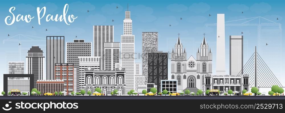 Sao Paulo Skyline with Gray Buildings and Blue Sky. Vector Illustration. Business Travel and Tourism Concept with Modern Buildings. Image for Presentation Banner Placard and Web Site.