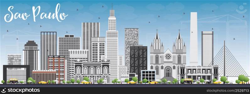 Sao Paulo Skyline with Gray Buildings and Blue Sky. Vector Illustration. Business Travel and Tourism Concept with Modern Buildings. Image for Presentation Banner Placard and Web Site.