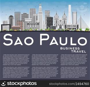Sao Paulo Skyline with Gray Buildings, Blue Sky and Copy Space. Vector Illustration. Business Travel and Tourism Concept with Modern Buildings. Image for Presentation Banner Placard and Web Site.