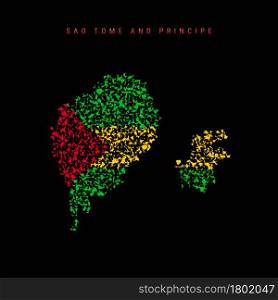 Sao Tome and Principe flag map, chaotic particles pattern in the colors of the Saint Thomas and Prince flag. Vector illustration isolated on black background.. Sao Tome and Principe flag map, chaotic particles pattern in the Saint Thomas and Prince flag colors. Vector art