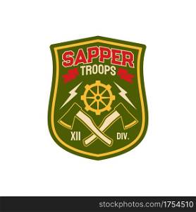 Sapper, pioneer combat engineers special division isolated chevron. Vector uniform patch, combatant soldier doing military engineering duties as breaching fortifications, demolitions, bridge-building. Sapper troops military chevron hammers, cogwheel