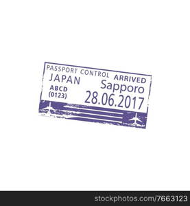 Sapporo airport passport control in Japan isolated visa st&. Vector arrived sign, plane and date. Japan border visa st&, Sapporo airport control