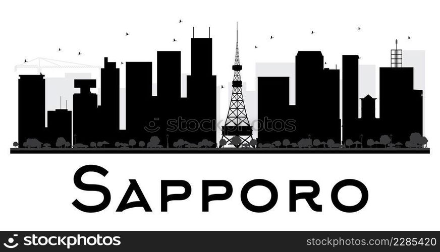 Sapporo City skyline black and white silhouette. Vector illustration. Simple flat concept for tourism presentation, banner, placard or web site. Business travel concept. Cityscape with landmarks