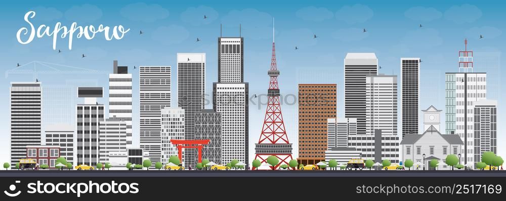 Sapporo Skyline with Gray Buildings and Blue Sky. Vector Illustration. Business and Tourism Concept with Modern Buildings. Image for Presentation, Banner, Placard or Web Site.