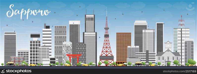 Sapporo Skyline with Gray Buildings and Blue Sky. Vector Illustration. Business and Tourism Concept with Modern Buildings. Image for Presentation, Banner, Placard or Web Site.
