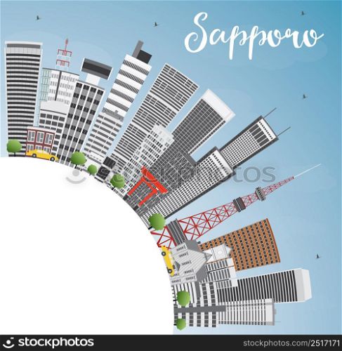 Sapporo Skyline with Gray Buildings, Blue Sky and Copy Space. Vector Illustration. Business and Tourism Concept with Modern Buildings. Image for Presentation, Banner, Placard or Web Site.