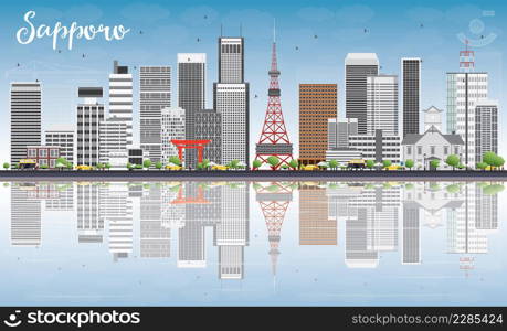 Sapporo Skyline with Gray Buildings, Blue Sky and Reflections. Vector Illustration. Business and Tourism Concept with Modern Buildings. Image for Presentation, Banner, Placard or Web Site.