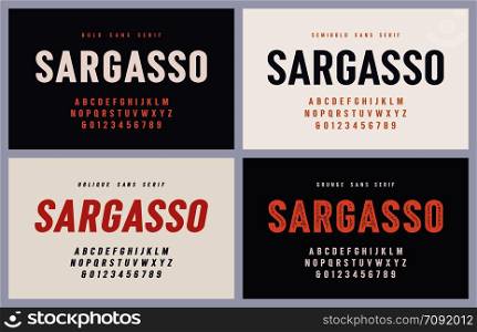 Sargasso bold, semibold, oblique and grunge san serif vector font, alphabet, typeface, uppercase letters and numbers. Global swatches.