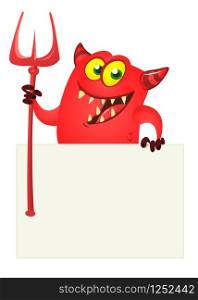 Satan keeps white blank sheet of paper. Devil and document. Red horned Lucifer. Scary Mephistopheles holdind sign