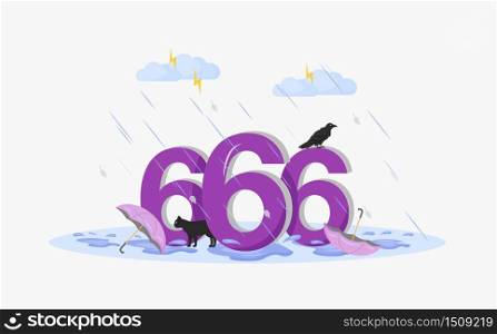Satan number flat concept vector illustration. Number 666, black cat, crow and umbrellas in thunderstorm 2D cartoon composition for web design. Superstitious symbol, bad omens creative idea