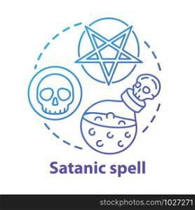 Satanic spell concept icon. Esoterics and alchemy idea thin line illustration. Dark arts, diabolic ritual. Pentagram, skull and magic potion vector isolated outline drawing. Witchcraft service
