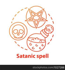 Satanic spell concept icon. Esoterics and alchemy idea thin line illustration. Dark magic, diabolic ritual. Pentagram, skull and potion vector isolated outline drawing. Witchcraft service