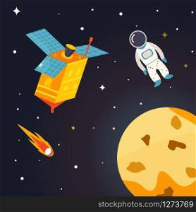Satellite and astronaut flying near Earth in outer space. Astronomical vector illustration. Spaceman, astronaut and satellite in outer space